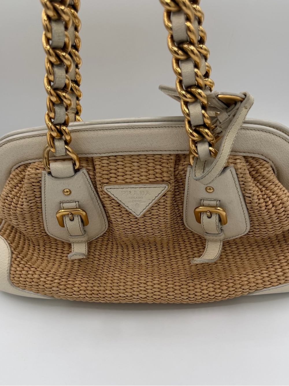 Prada Raffia & White Leather Shoulder Bag with Gold Chain